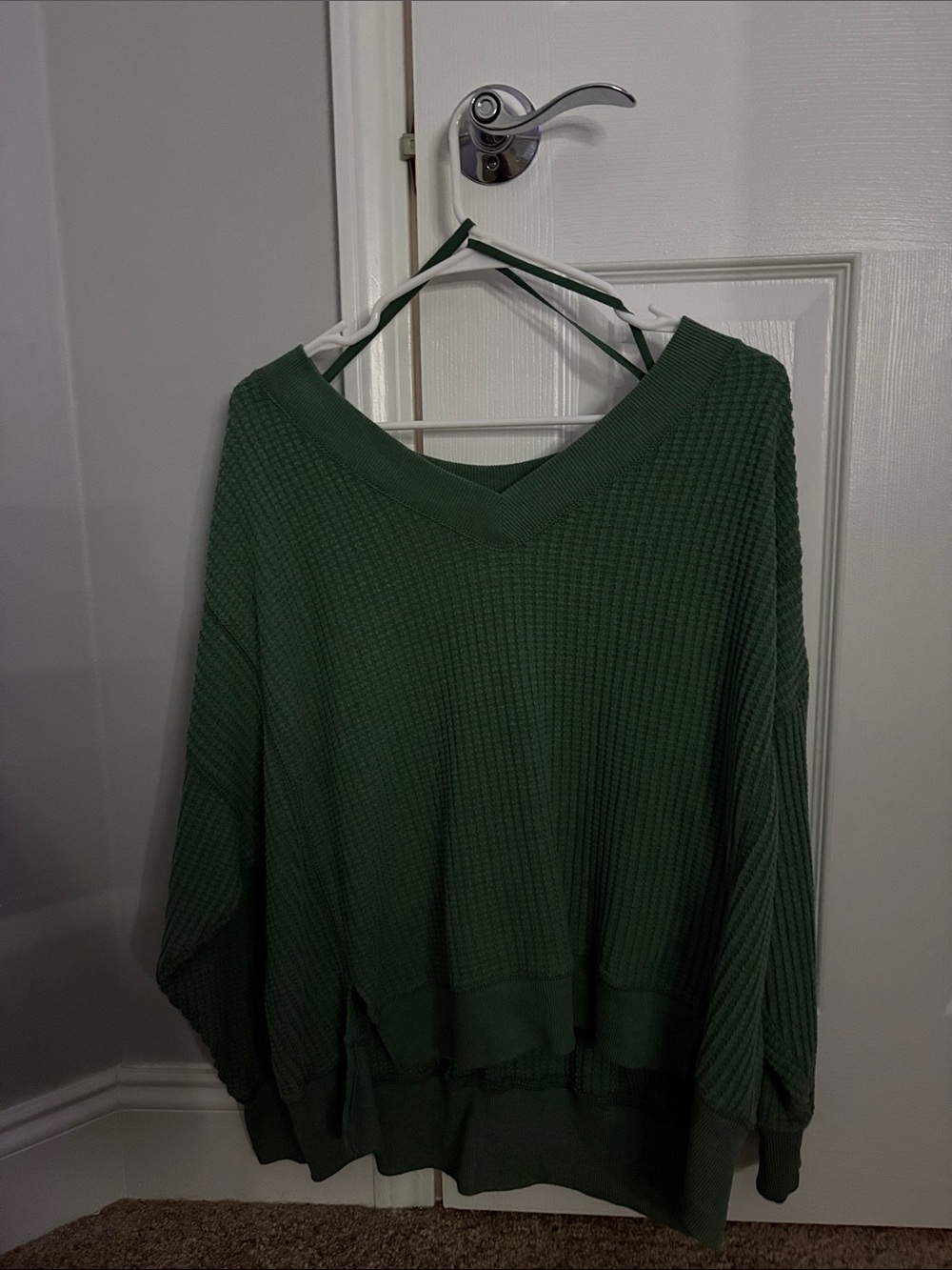 American Eagle Outfitters Deep Green V-Neck Waffle Knit Sweater